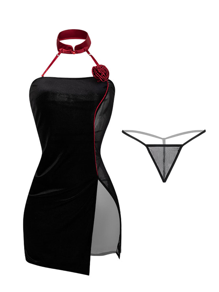 Costume Inspire Black Halter Cheongsam Lingerie Set