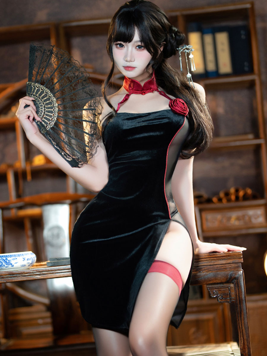 Costume Inspire Black Halter Cheongsam Lingerie Set