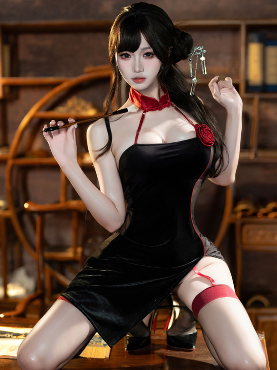 Costume Inspire Black Halter Cheongsam Lingerie Set