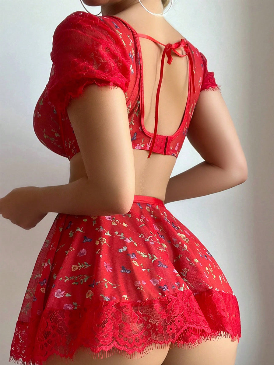 Costume Inspire 3-Piece Floral Mesh Lingerie Set