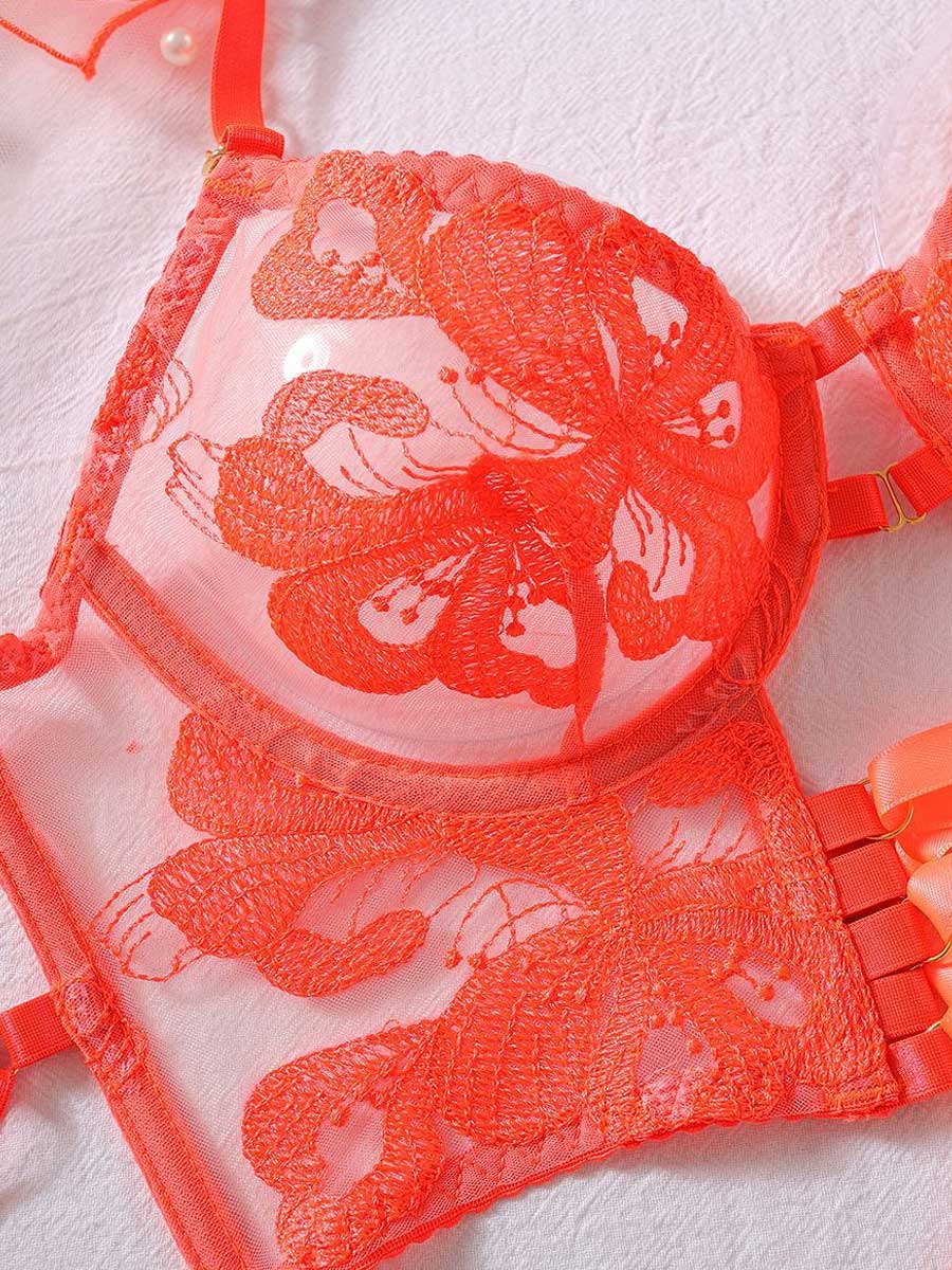 Costume Inspire Floral Embroidered Mesh Lace-up Underwire Bra Set