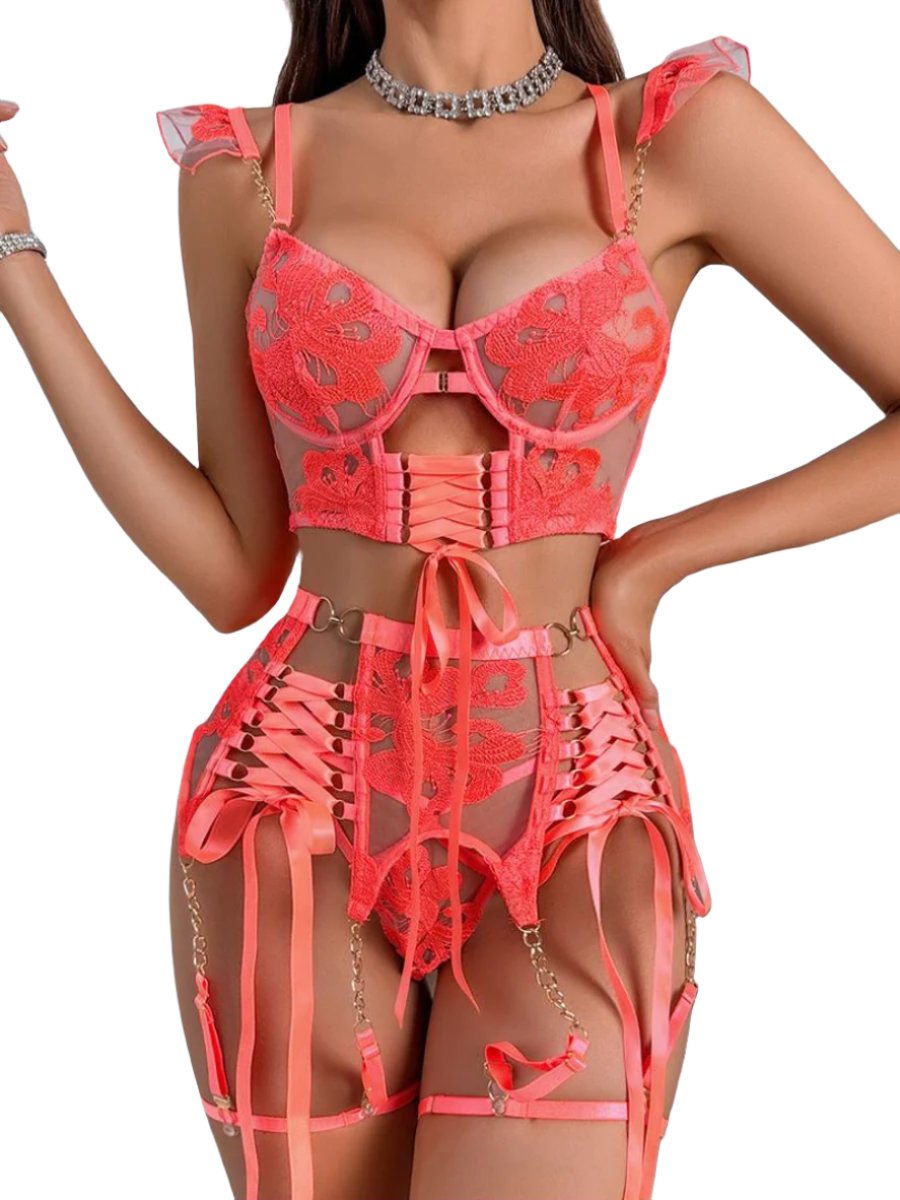 Costume Inspire Floral Embroidered Mesh Lace-up Underwire Bra Set