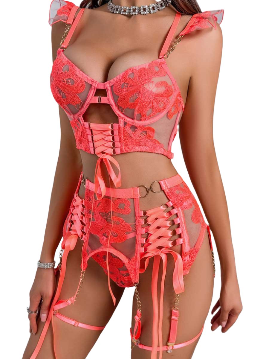 Costume Inspire Floral Embroidered Mesh Lace-up Underwire Bra Set