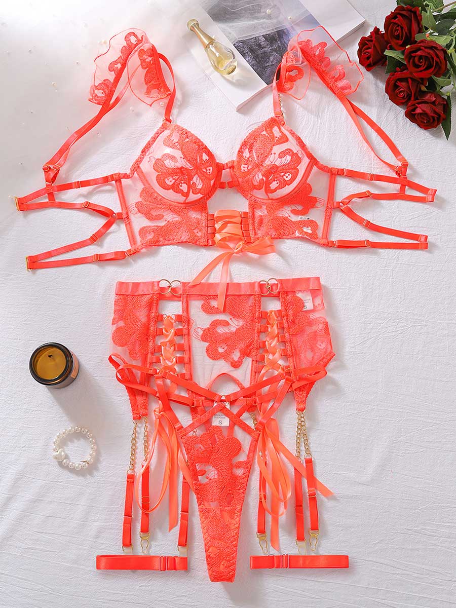 Costume Inspire Floral Embroidered Mesh Lace-up Underwire Bra Set