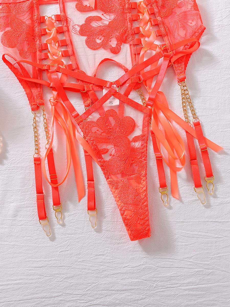 Costume Inspire Floral Embroidered Mesh Lace-up Underwire Bra Set