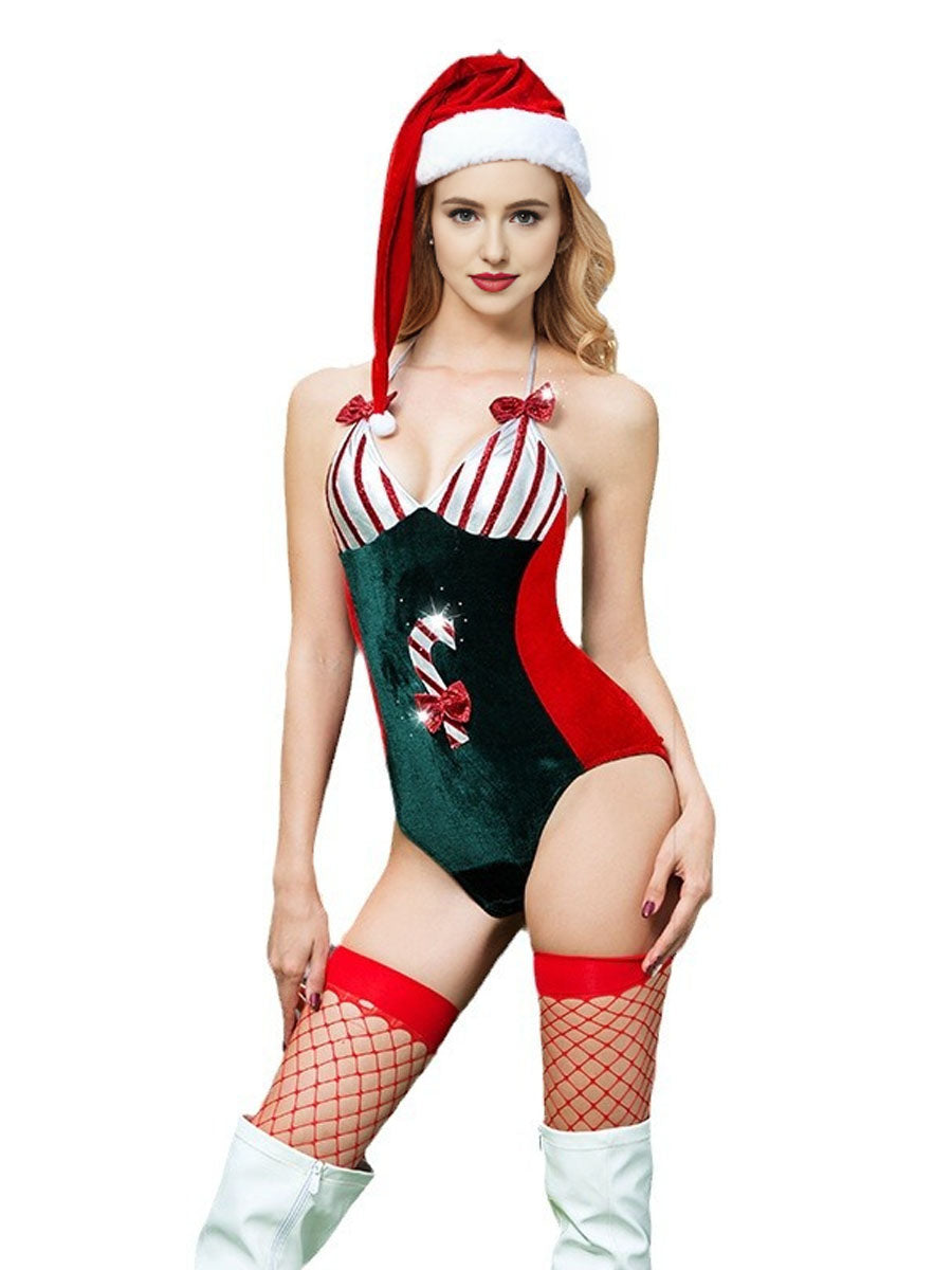 sexy christmas elf dress Sexy Elf Costume Green Velvet Santa Claus Outfits Lace Up Mini Babydoll  Dress