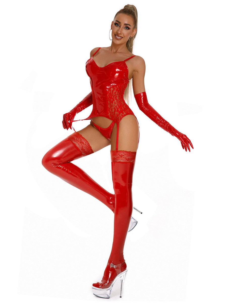 Crimson Red Wet Look and Lace 4-Piece Festival Outfit - Bold High-Shine Faux Leather Rave Set with Bustier, Gloves, and Stockings.