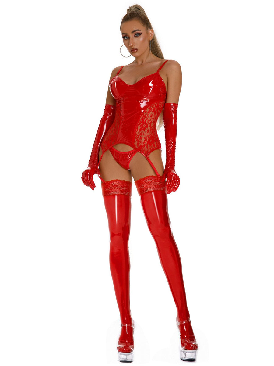 Crimson Red Wet Look and Lace 4-Piece Festival Outfit - Bold High-Shine Faux Leather Rave Set with Bustier, Gloves, and Stockings.