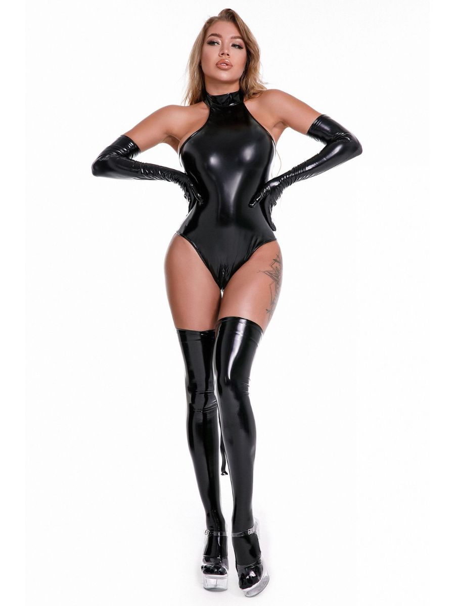 4-Piece Vinyl Halter Bodysuit Set with Leash, Gloves and Stockings