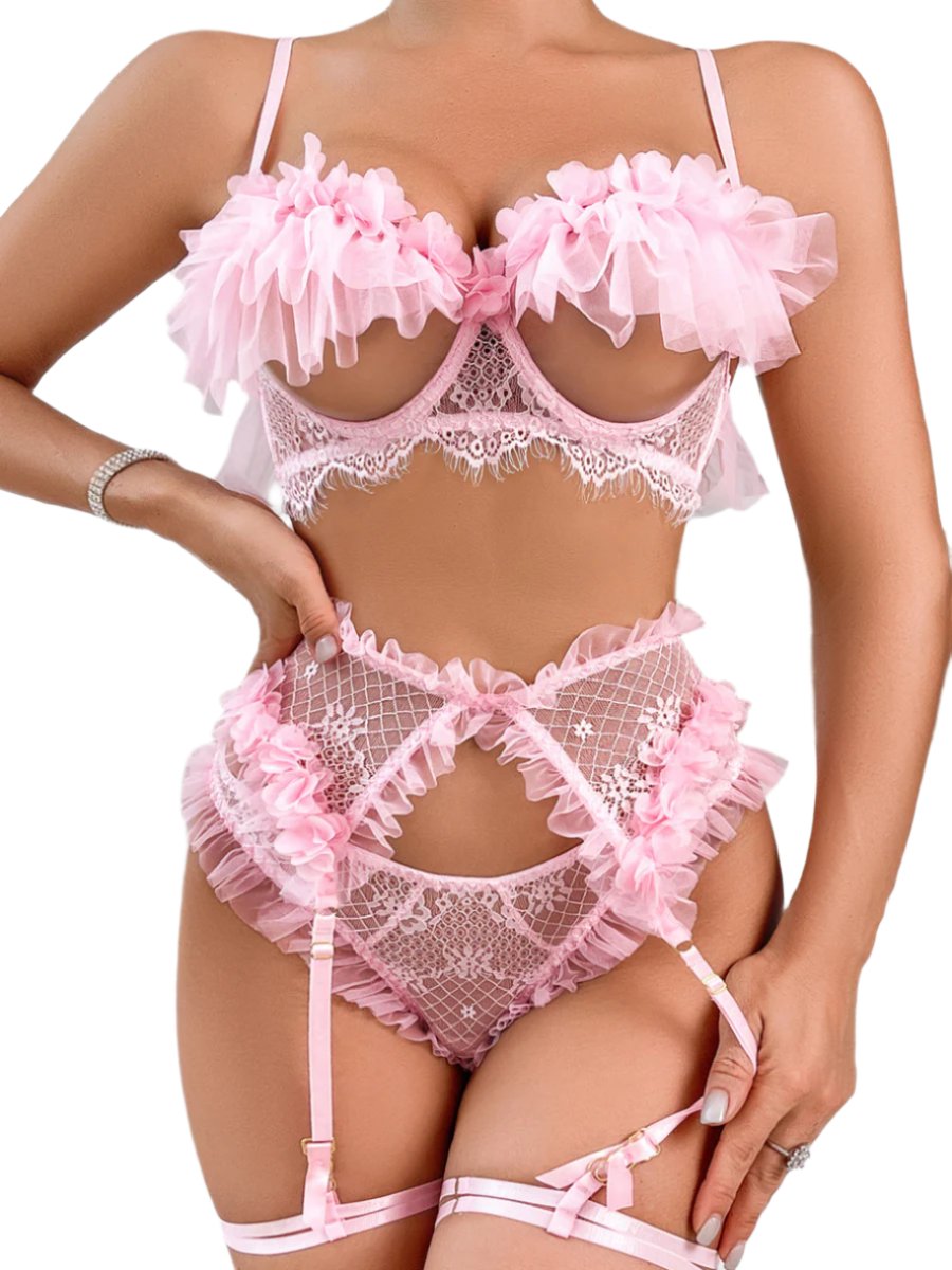 Costume Inspire Open Cup Ruffle Trim Bra Set