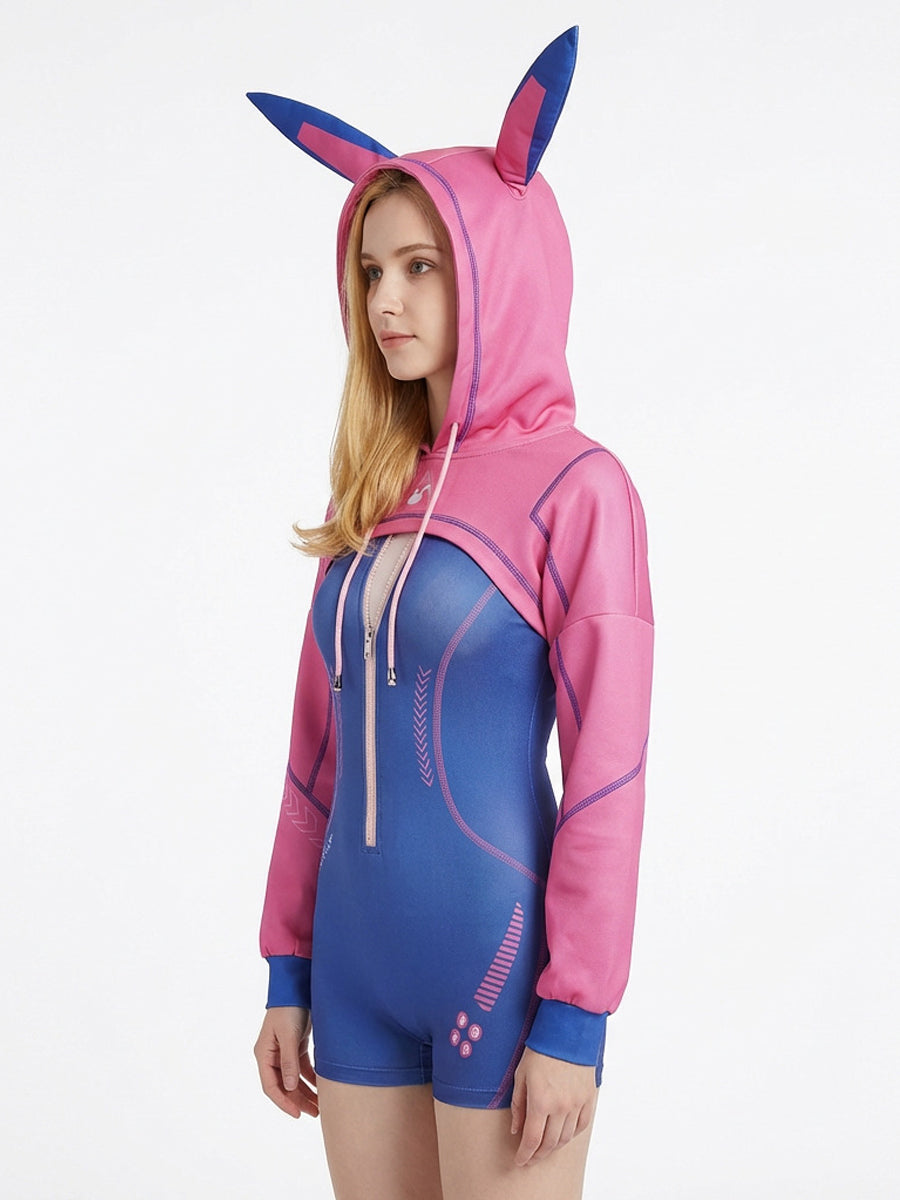 Overwatch D.Va bunny girl cosplay costume featuring pink cropped hoodie with bunny ears and blue tech-print romper.