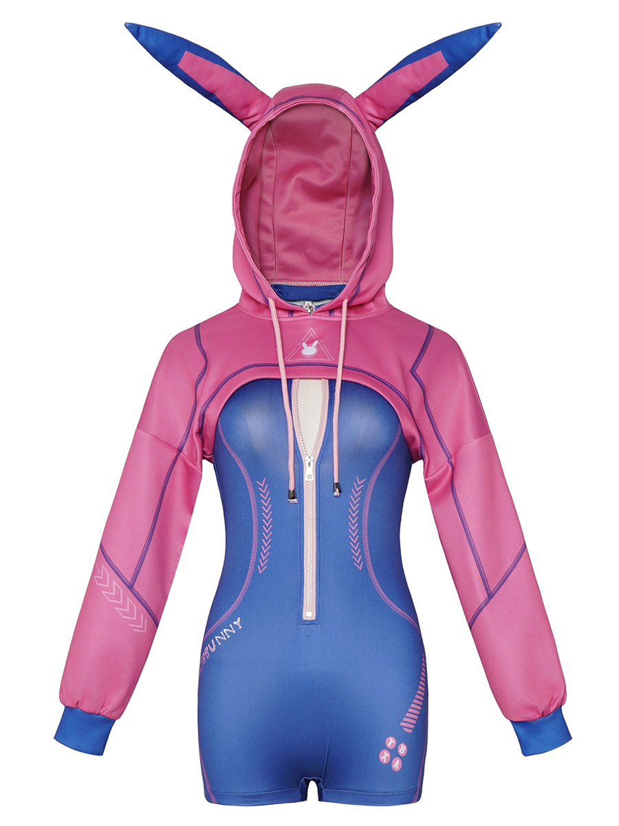 Overwatch D.Va bunny girl cosplay costume featuring pink cropped hoodie with bunny ears and blue tech-print romper.