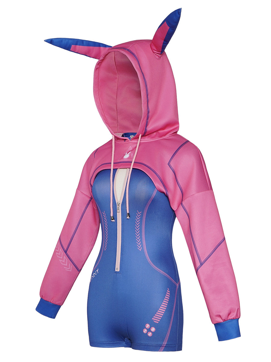 Overwatch D.Va bunny girl cosplay costume featuring pink cropped hoodie with bunny ears and blue tech-print romper.