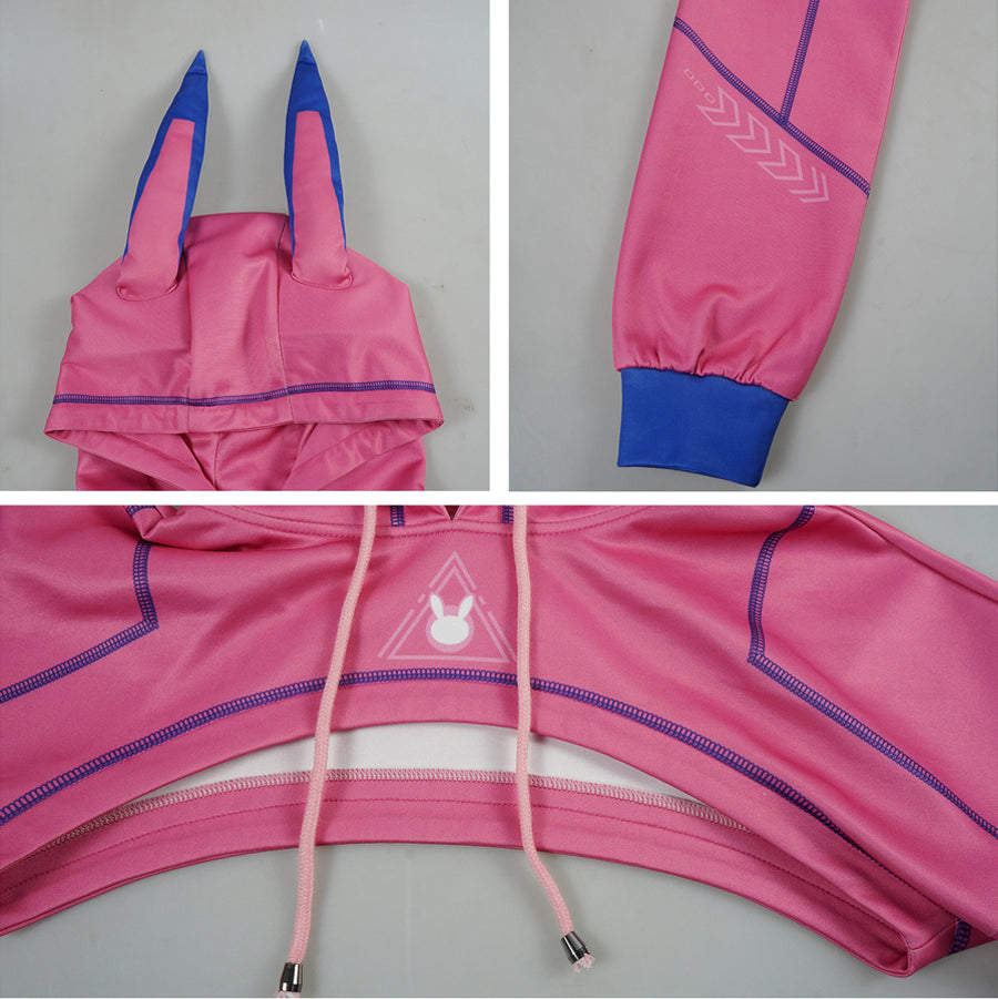 Detail of the integrated upright bunny ears on the cyber-pink cropped hoodie.