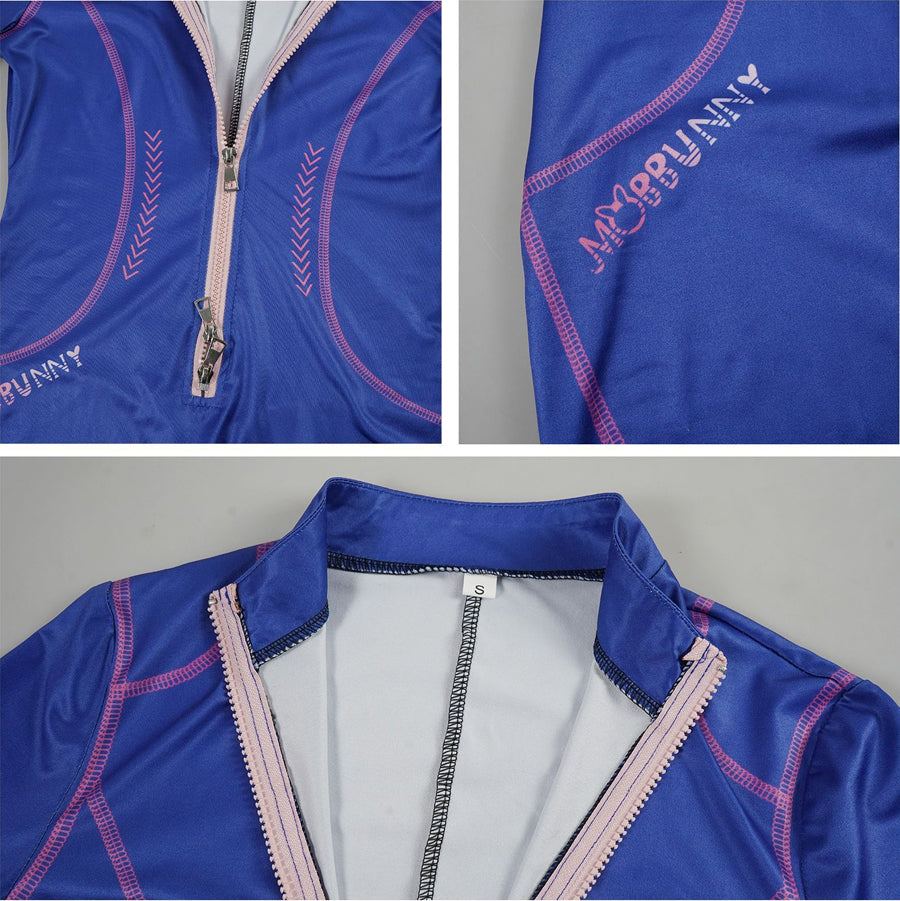 Close-up of the front zipper detail on the blue tech-print cosplay romper for a customizable fit.