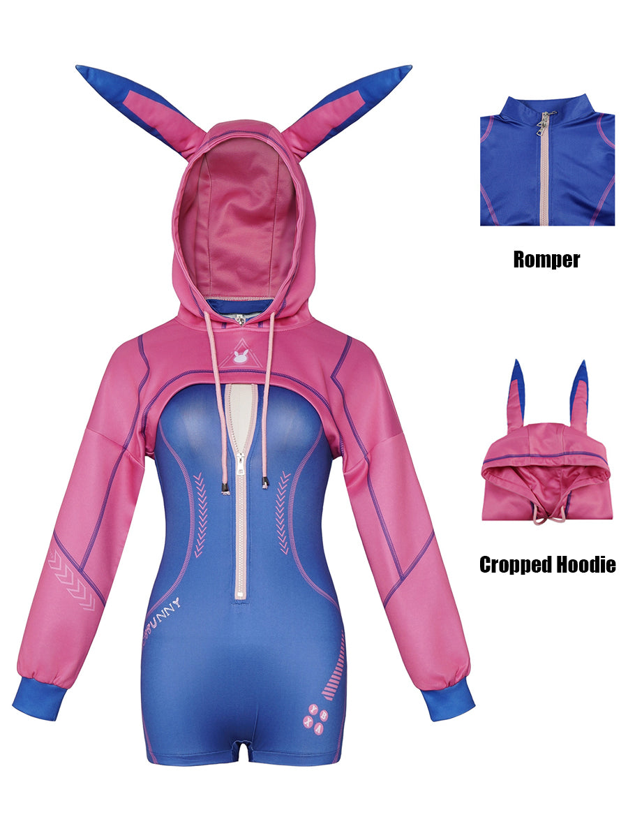 Detailed mecha-style graphics and tech-print on the futuristic bunny heroine bodysuit.