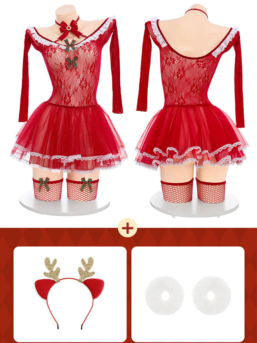 Costume Inspire Lace Off-Shoulder Christmas Lingerie Dress Set