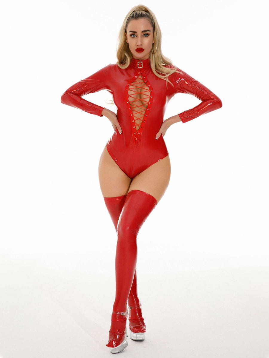 Costume Inspire Lace-Up Latex Bodysuit with Stockings