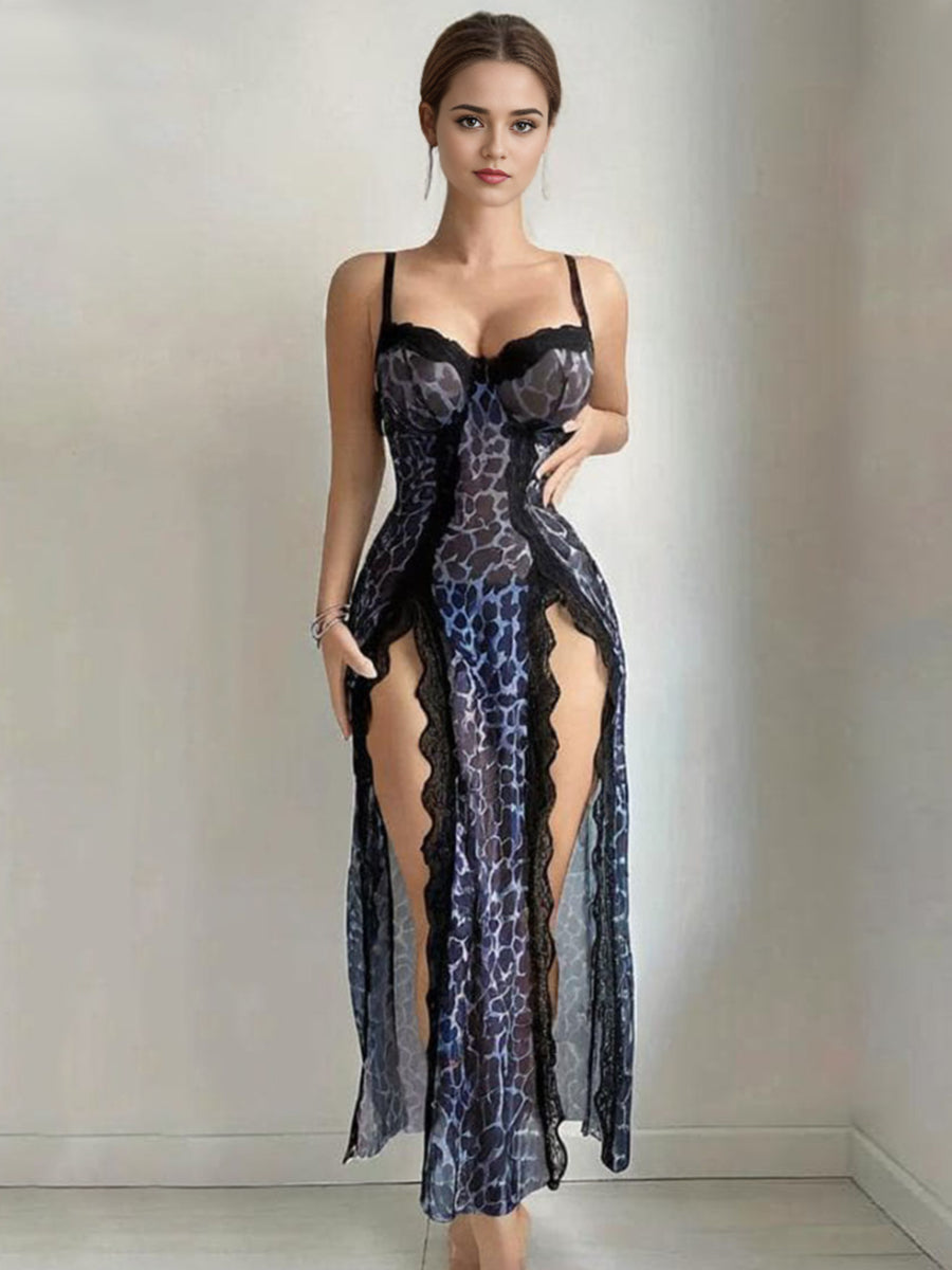 Costume Inspire Leopard Lace Trim Nightgown with Thong