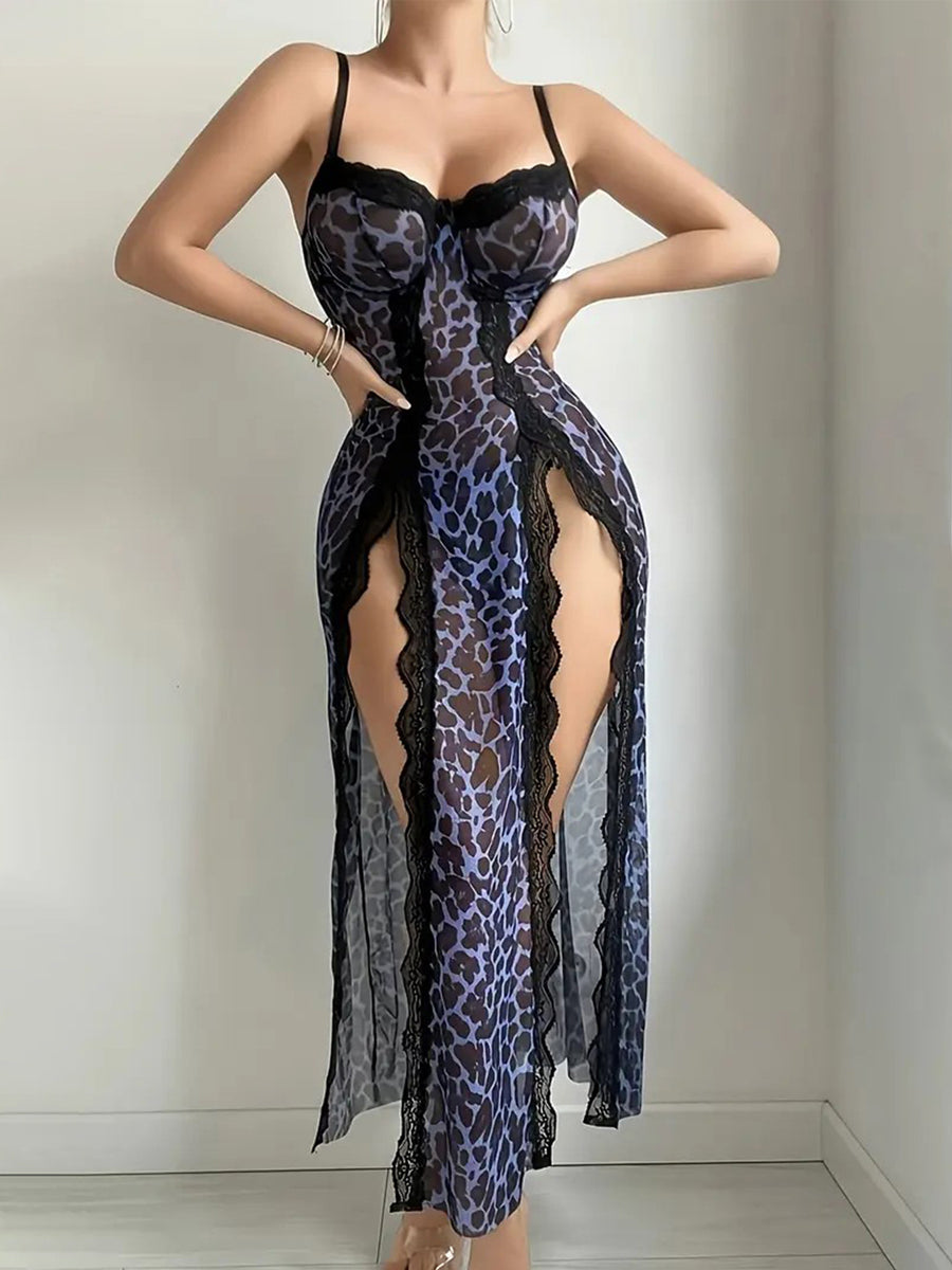 Costume Inspire Leopard Lace Trim Nightgown with Thong