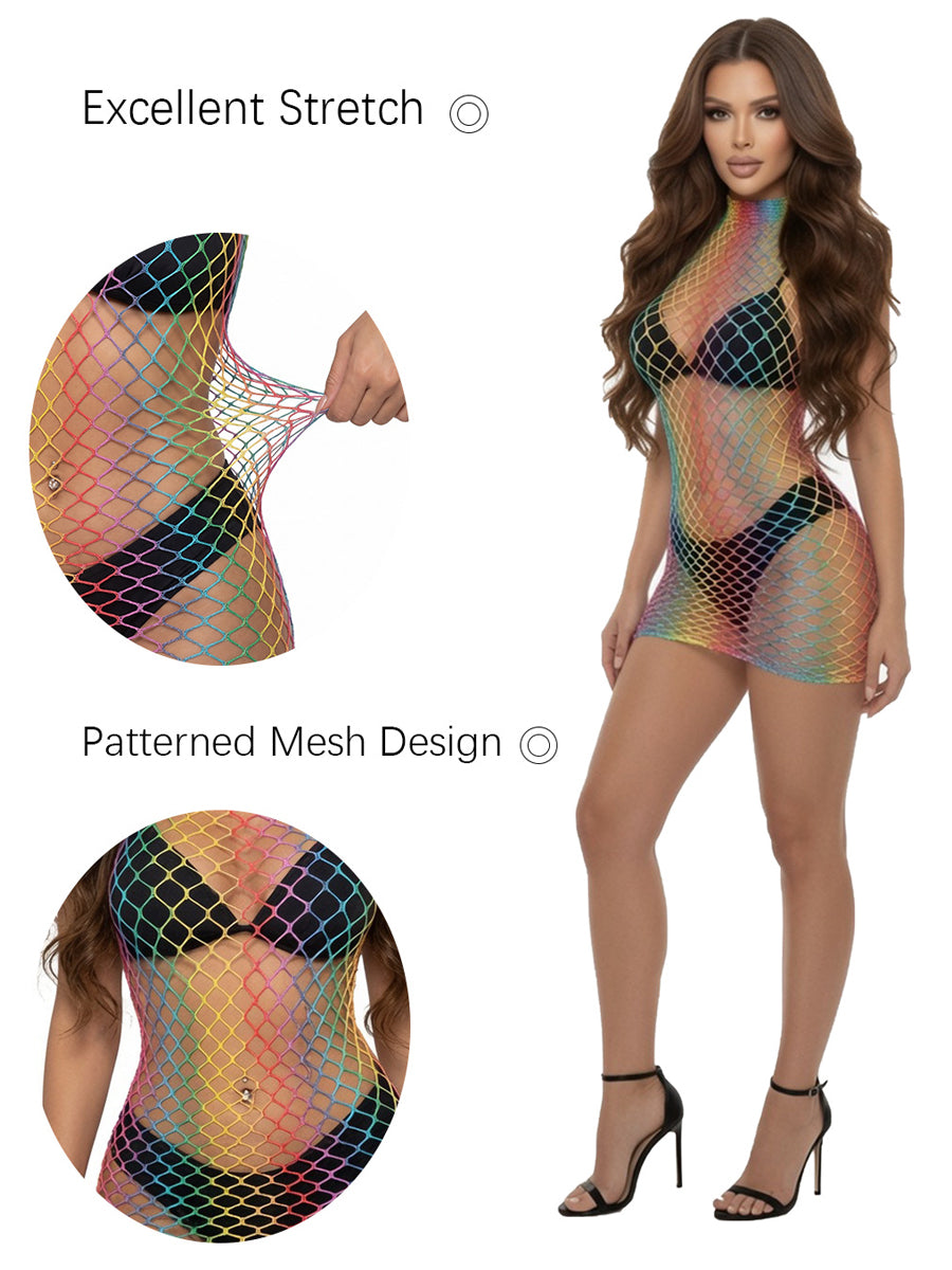Rainbow Fishnet Sleeveless Mini Dress - Costume Inspire