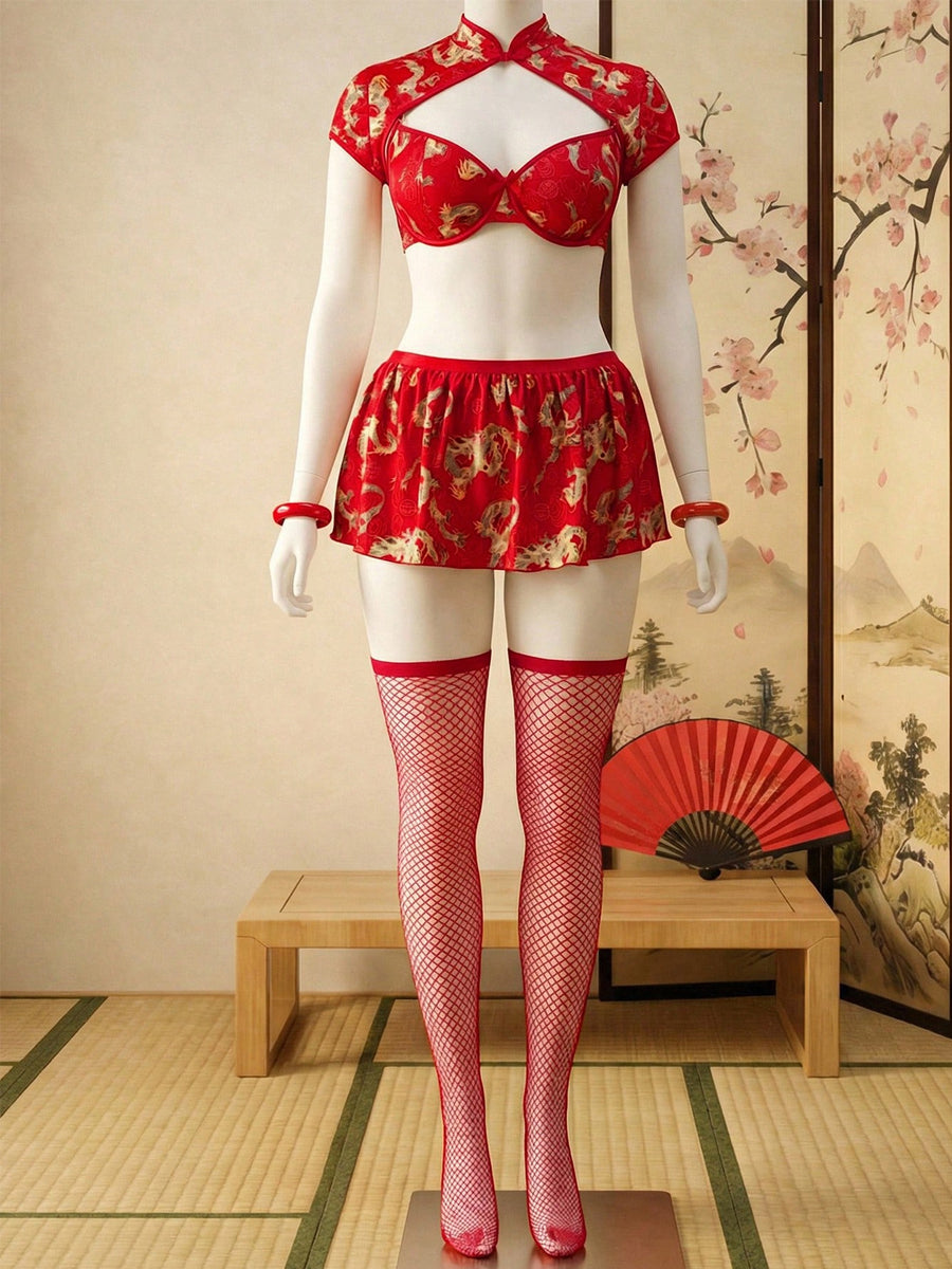 Red Dragon Print Cutout Cheongsam 5-Piece Set - Costume Inspire