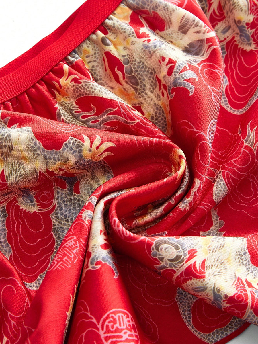 Red Dragon Print Cutout Cheongsam 5-Piece Set - Costume Inspire