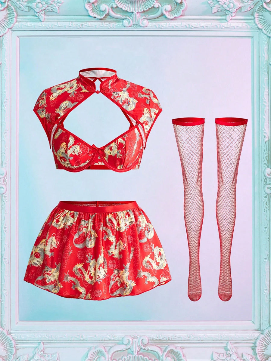 Red Dragon Print Cutout Cheongsam 5-Piece Set - Costume Inspire