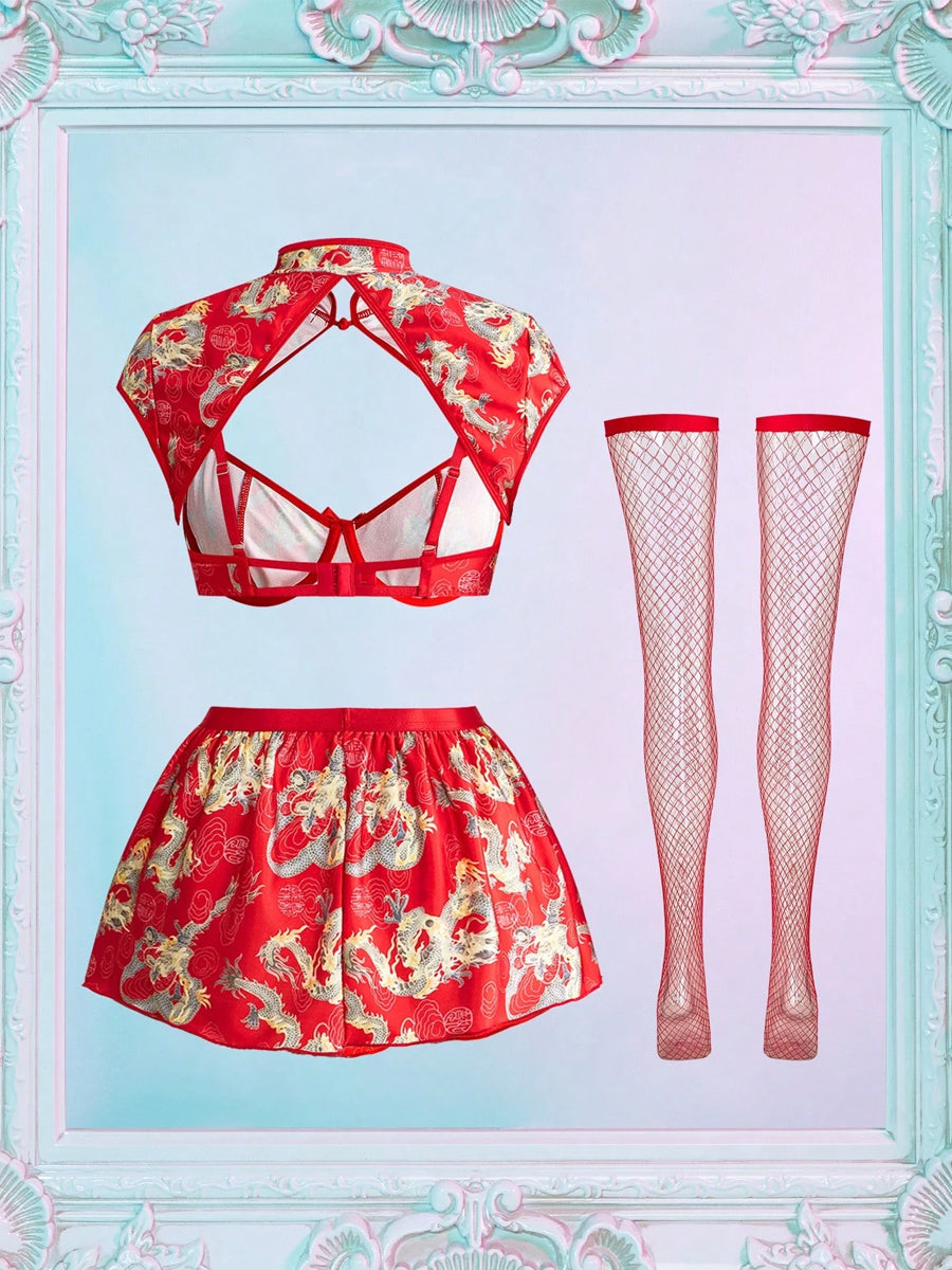 Red Dragon Print Cutout Cheongsam 5-Piece Set - Costume Inspire