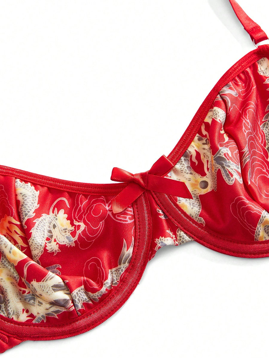 Red Dragon Print Cutout Cheongsam 5-Piece Set - Costume Inspire