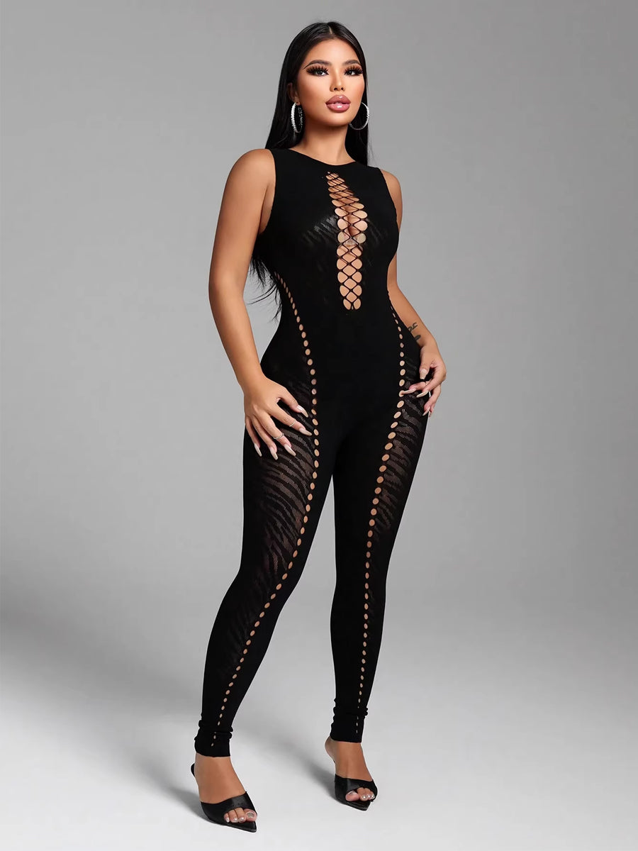 Front view of Costume Inspire black seamless faux lace-up jumpsuit in one size fits most.