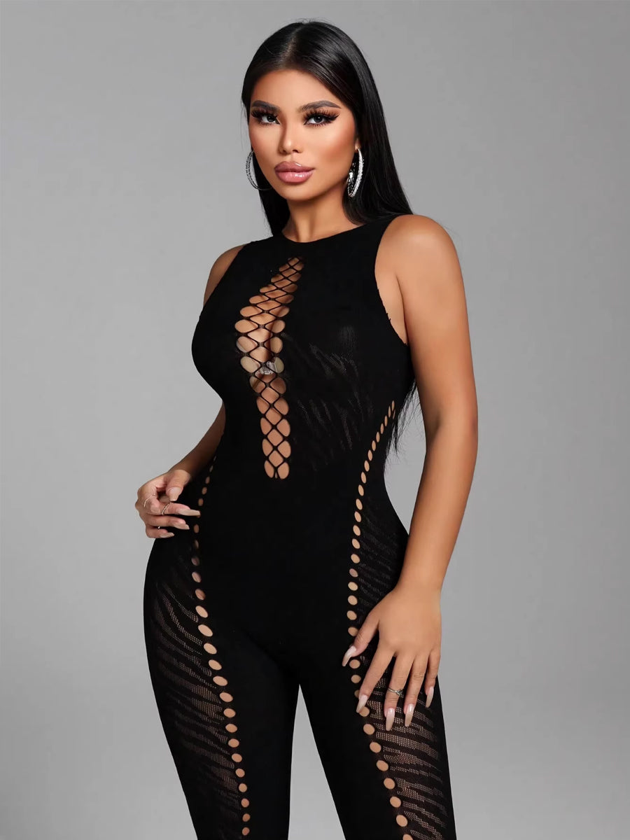 Close-up of Costume Inspire black faux lace-up front jumpsuit with sheer mesh patchwork.