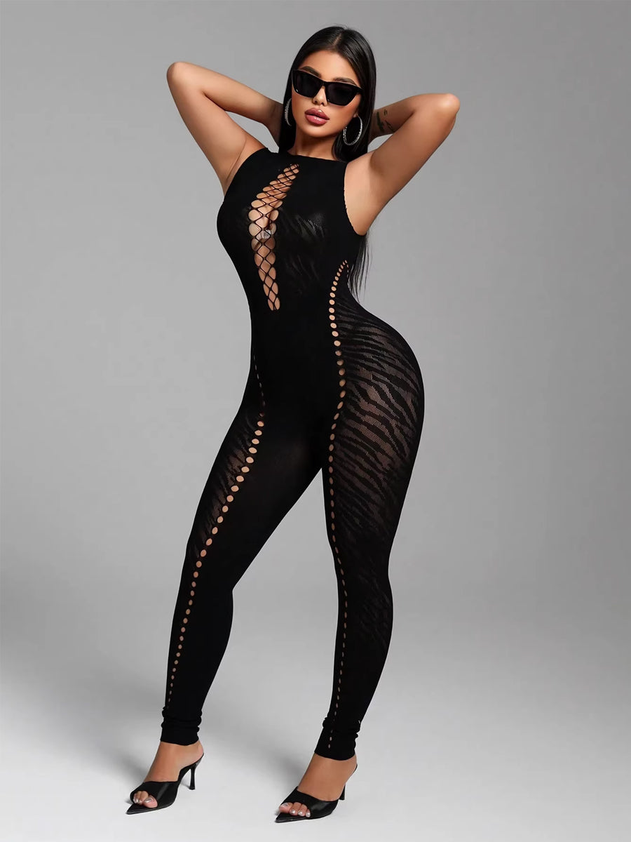 Sexy black cut-out bodycon jumpsuit by Costume Inspire featuring a high-stretch seamless design.