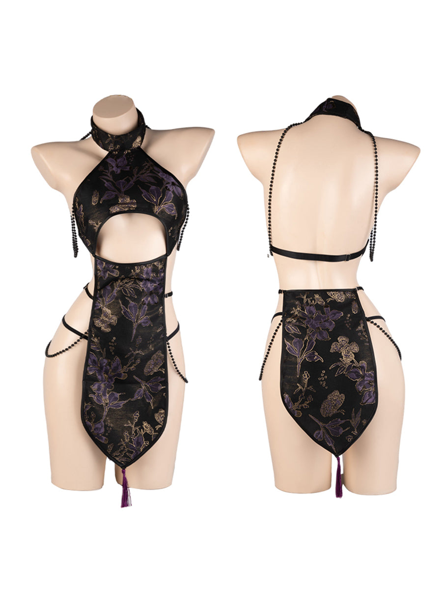 Sexy Black Floral Cheongsam Lingerie - Costume Inspire