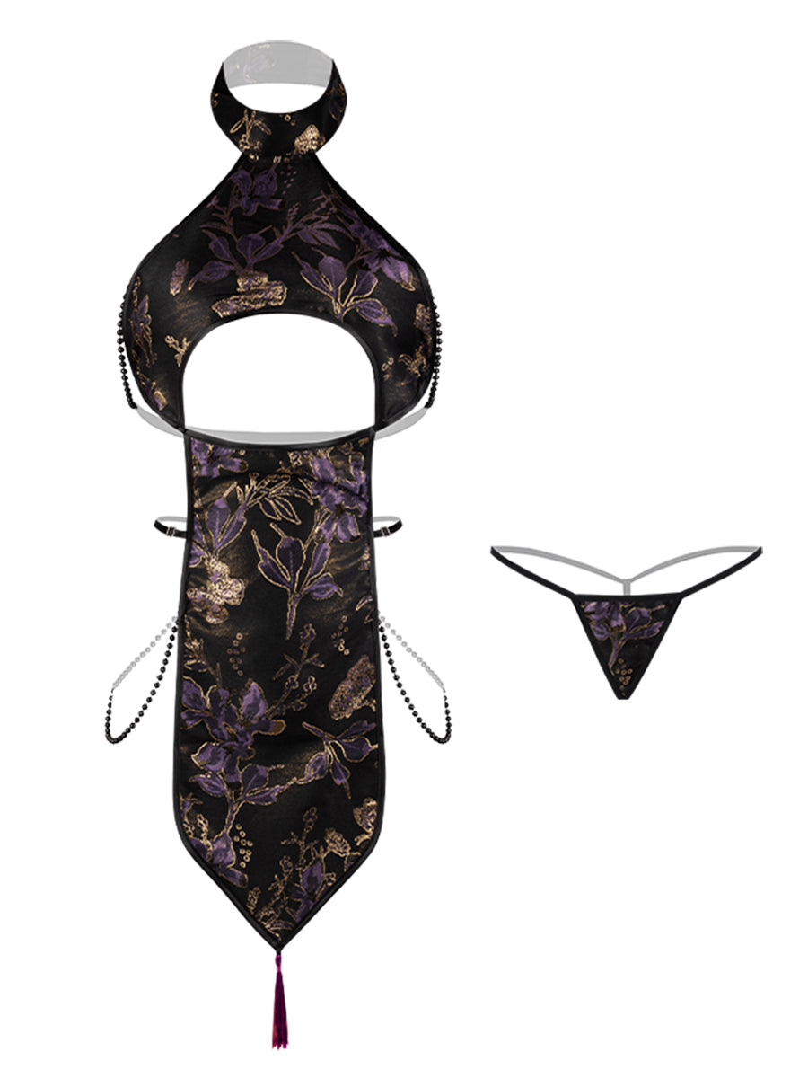 Sexy Black Floral Cheongsam Lingerie - Costume Inspire