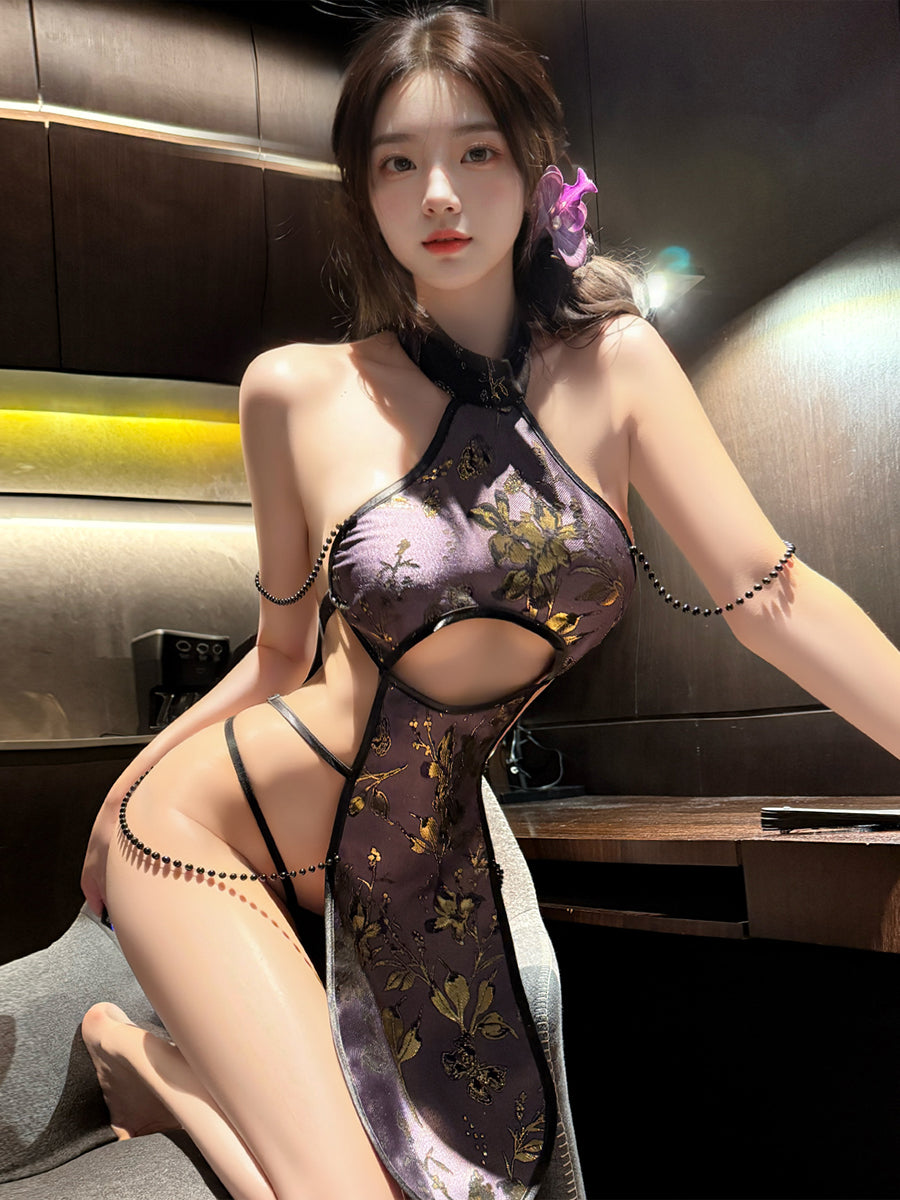 Sexy Black Floral Cheongsam Lingerie - Costume Inspire