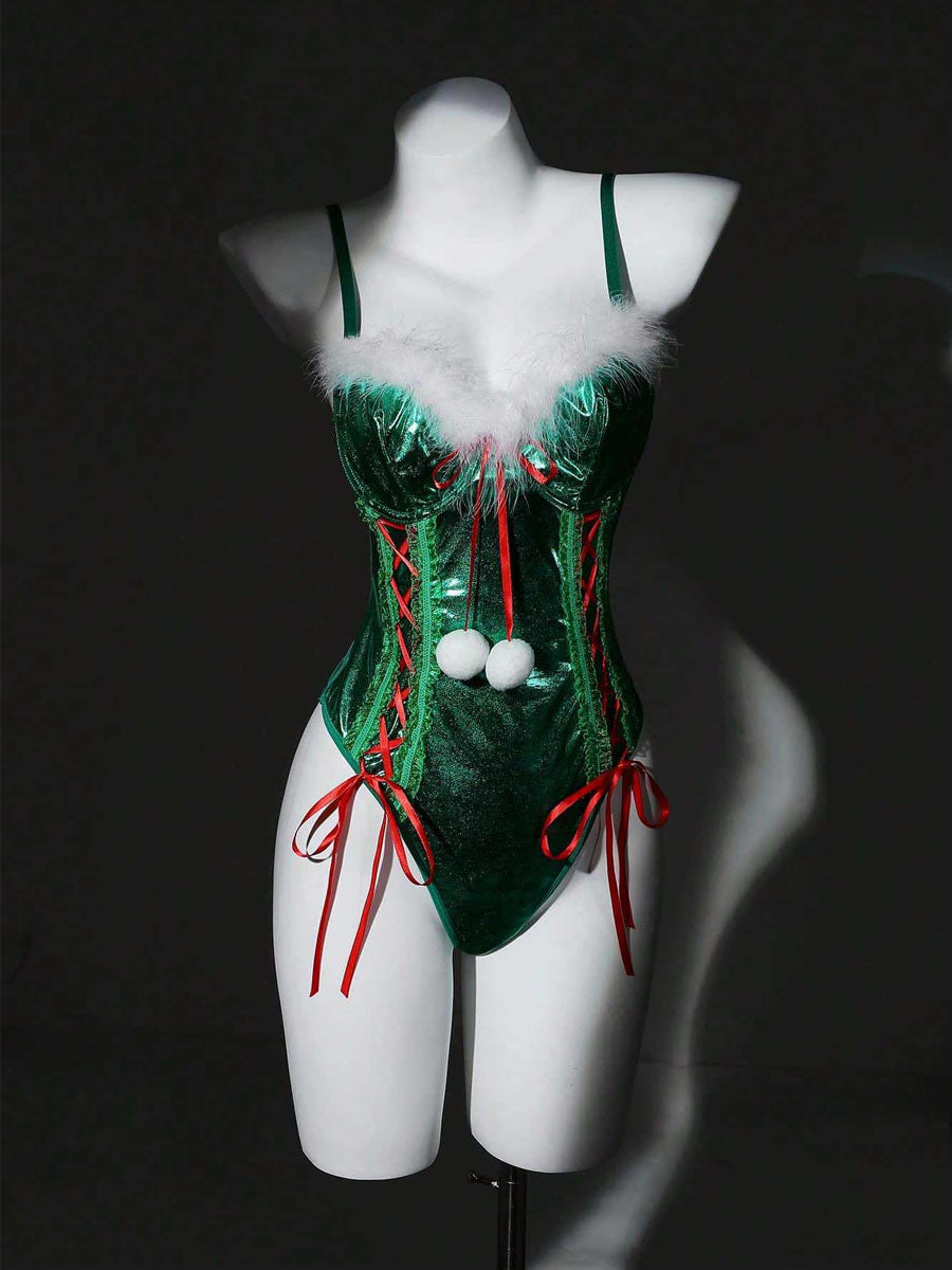 Sexy Green Metallic Christmas Elf Bodysuit Lingerie