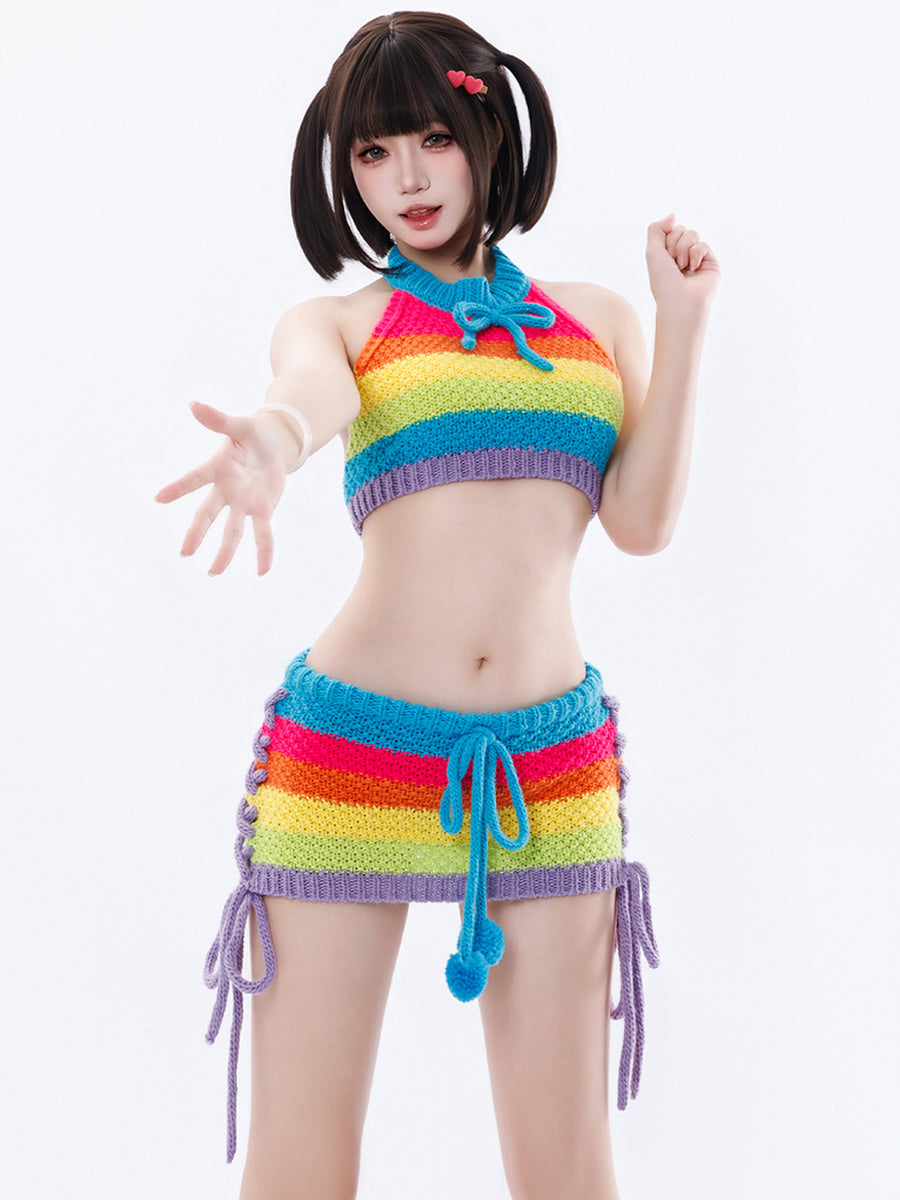Sexy Rainbow Knit Halter 2-Piece Set - Costume Inspire