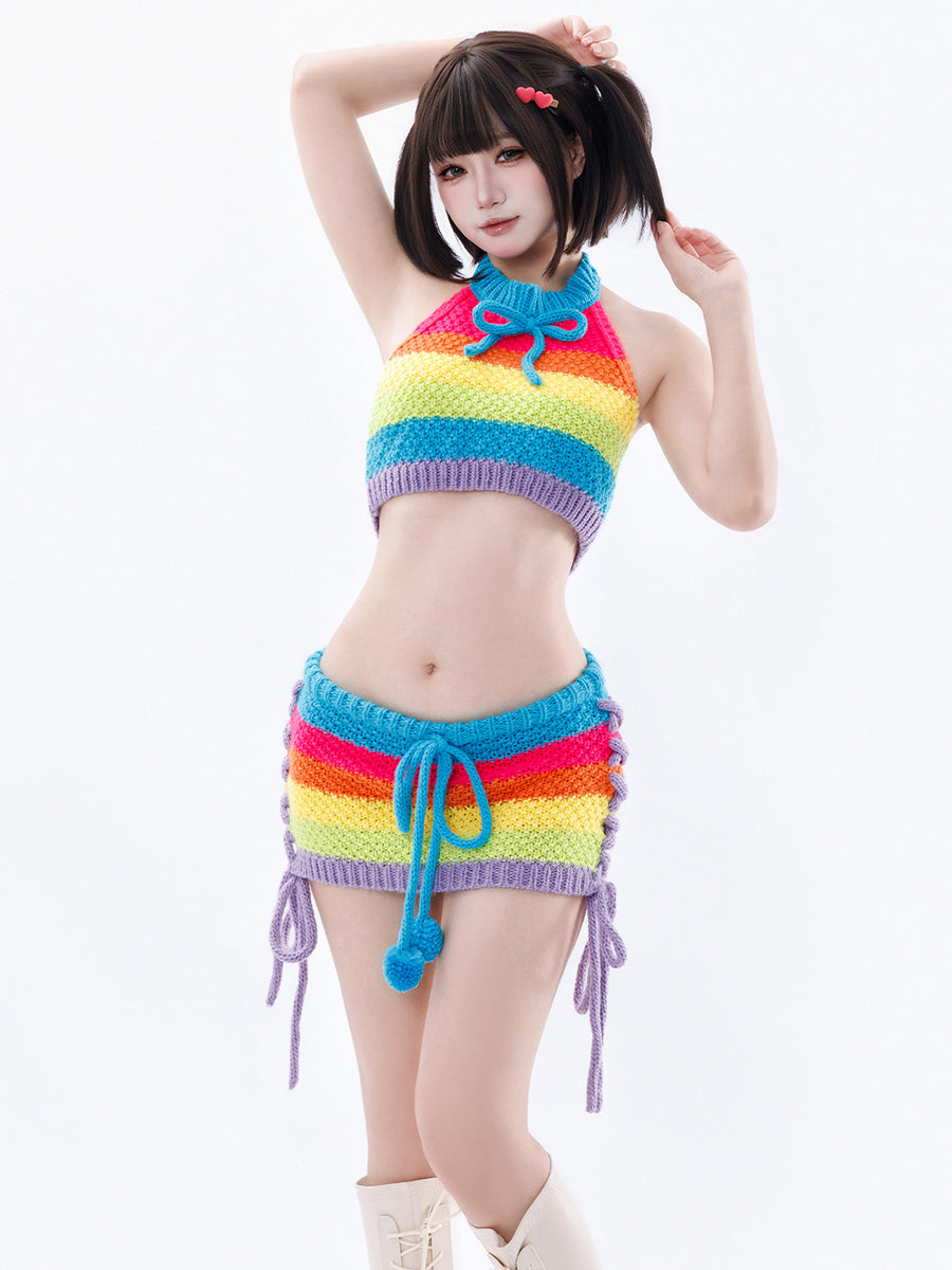 Sexy Rainbow Knit Halter 2-Piece Set - Costume Inspire