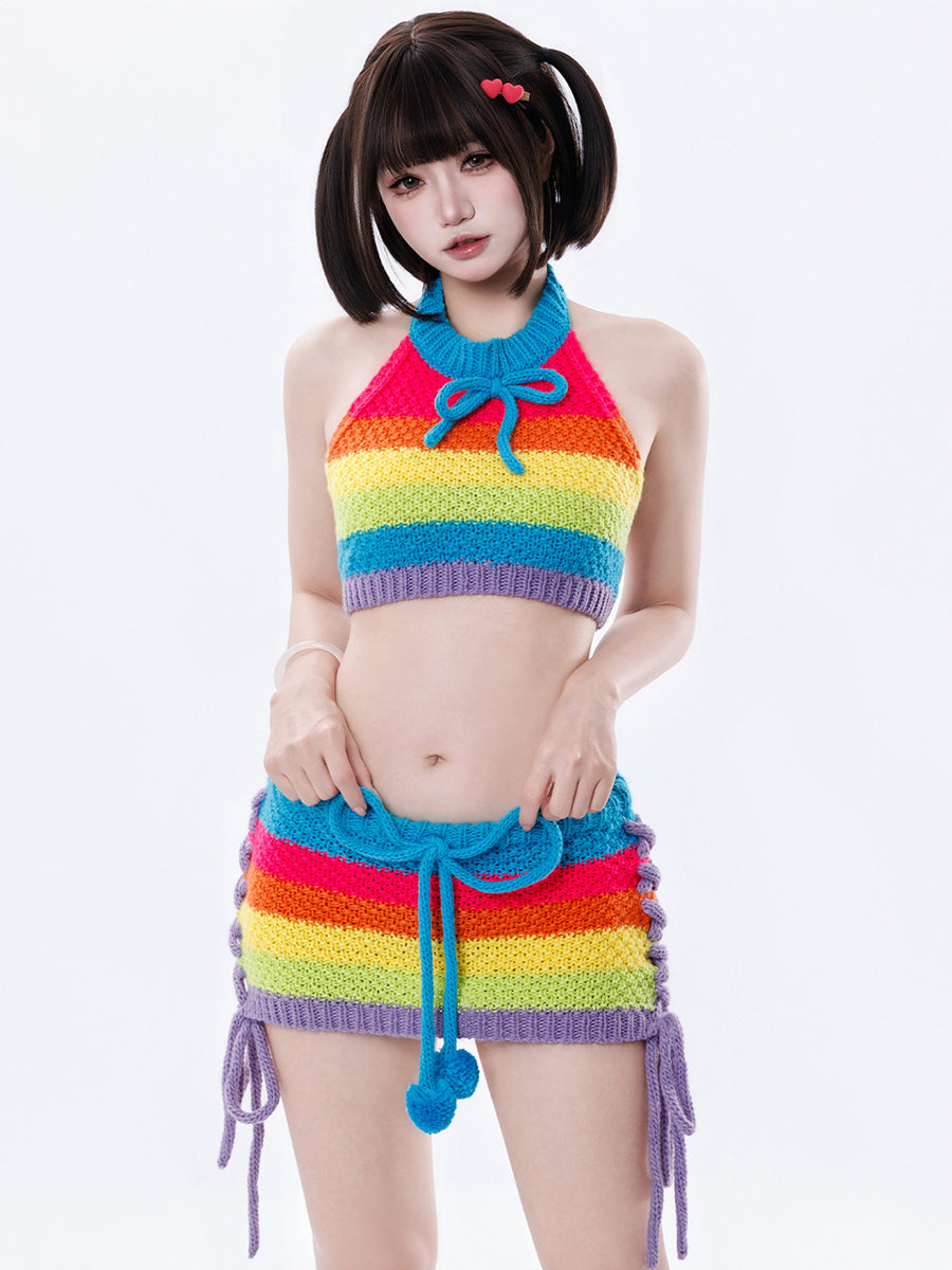 Sexy Rainbow Knit Halter 2-Piece Set - Costume Inspire
