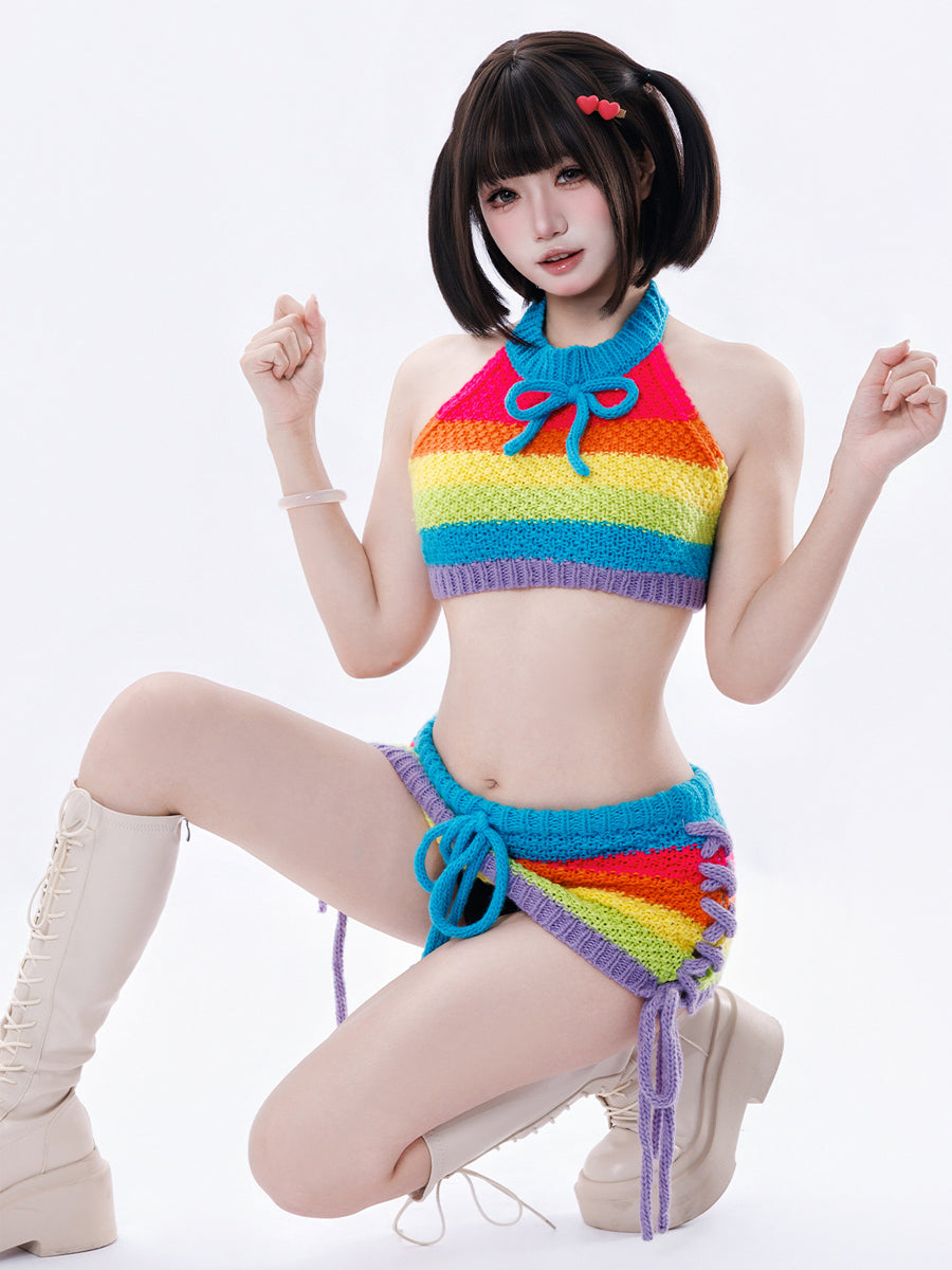 Sexy Rainbow Knit Halter 2-Piece Set - Costume Inspire