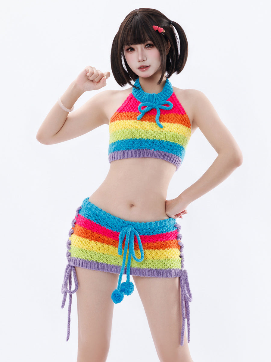 Sexy Rainbow Knit Halter 2-Piece Set - Costume Inspire