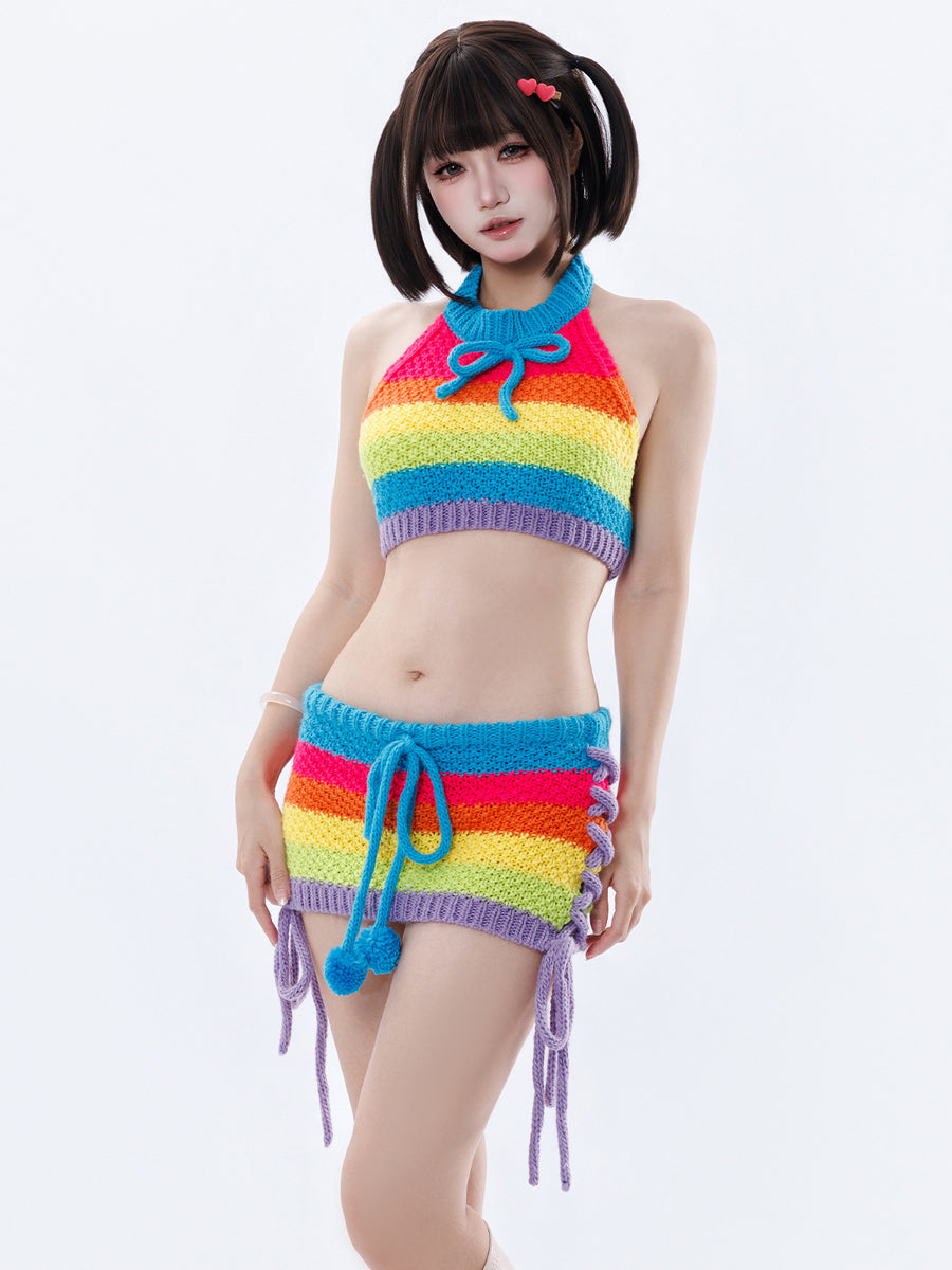 Sexy Rainbow Knit Halter 2-Piece Set - Costume Inspire