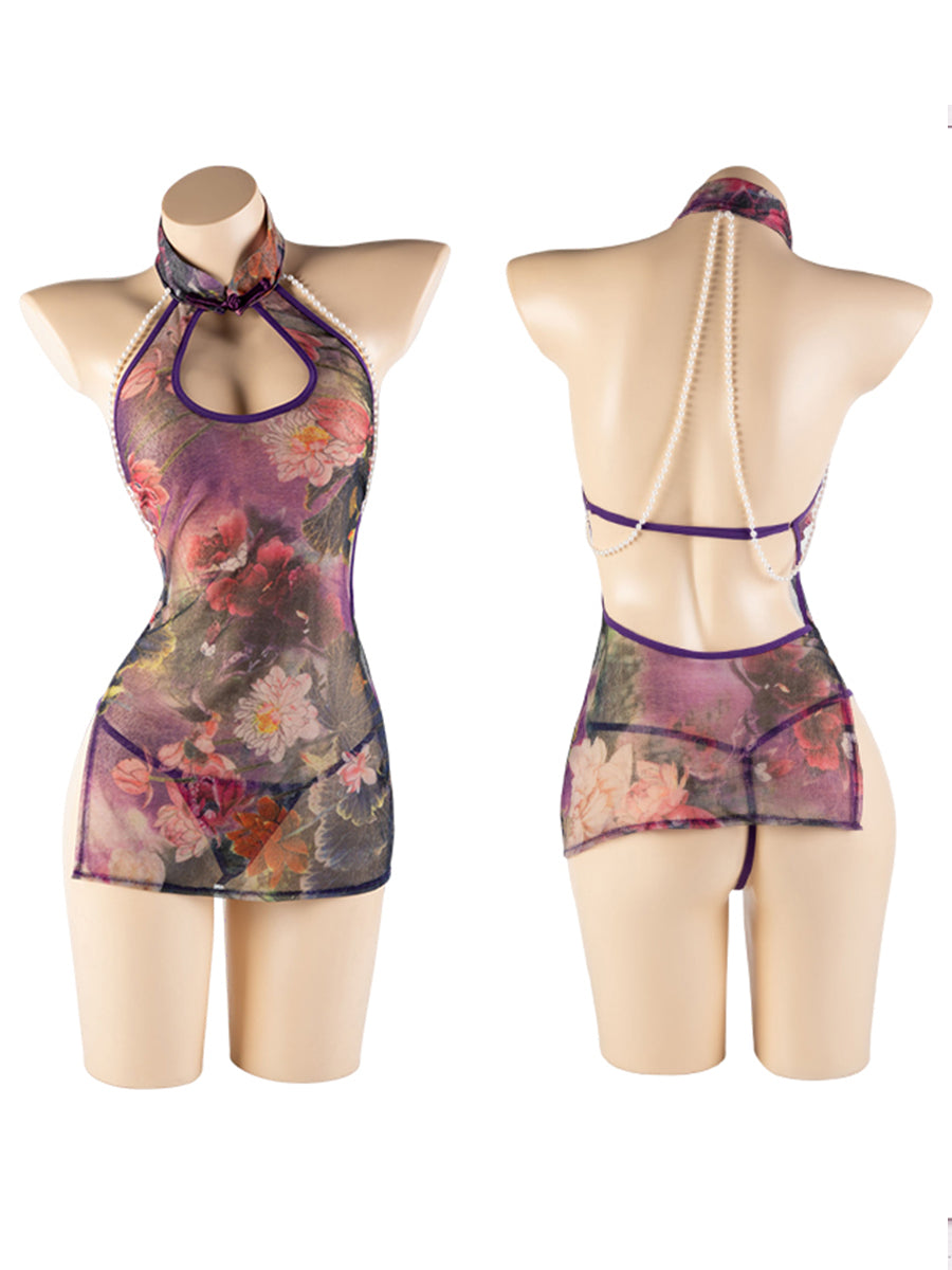 Two-piece Asian inspired lingerie set including a sheer floral mesh cheongsam mini dress and a matching purple thong.