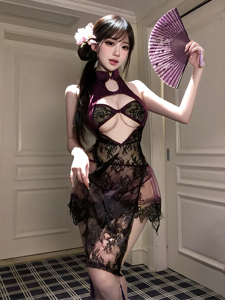 Sheer Lace Chinese Cheongsam Set - Costume Inspire