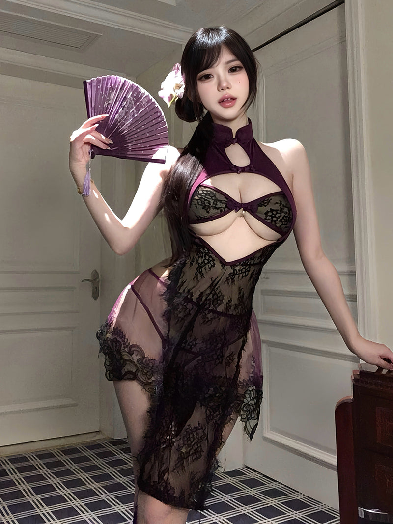 Sheer Lace Chinese Cheongsam Set - Costume Inspire