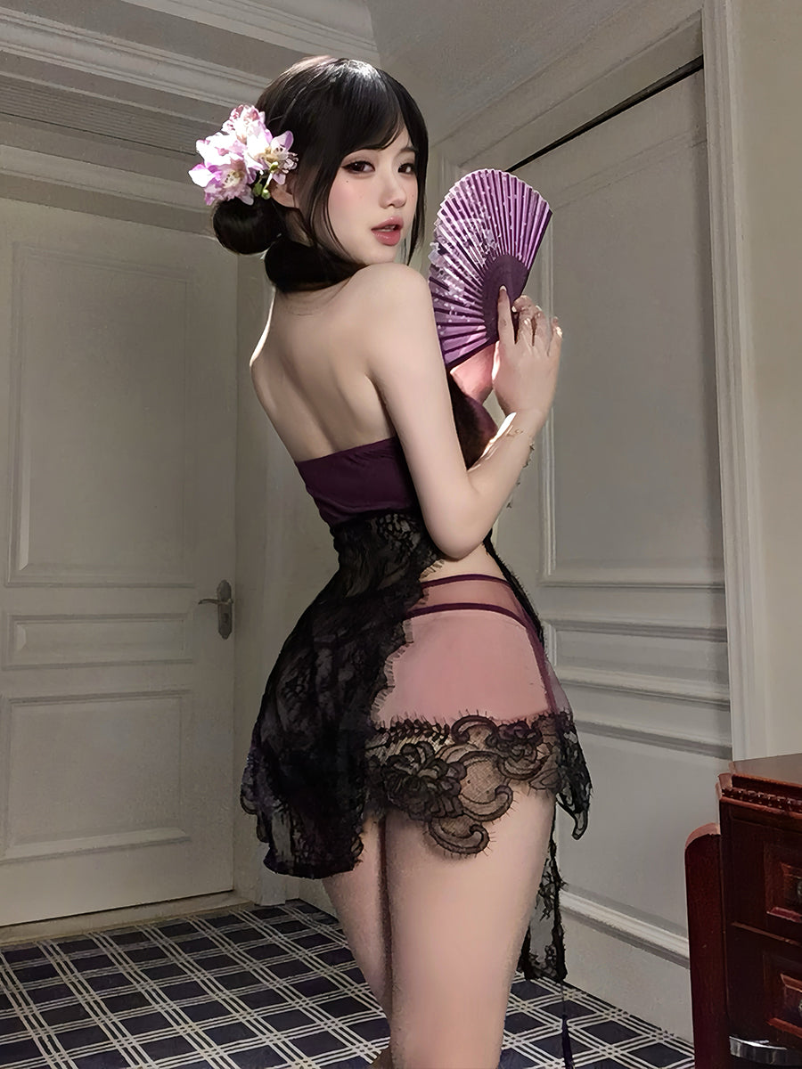 Sheer Lace Chinese Cheongsam Set - Costume Inspire