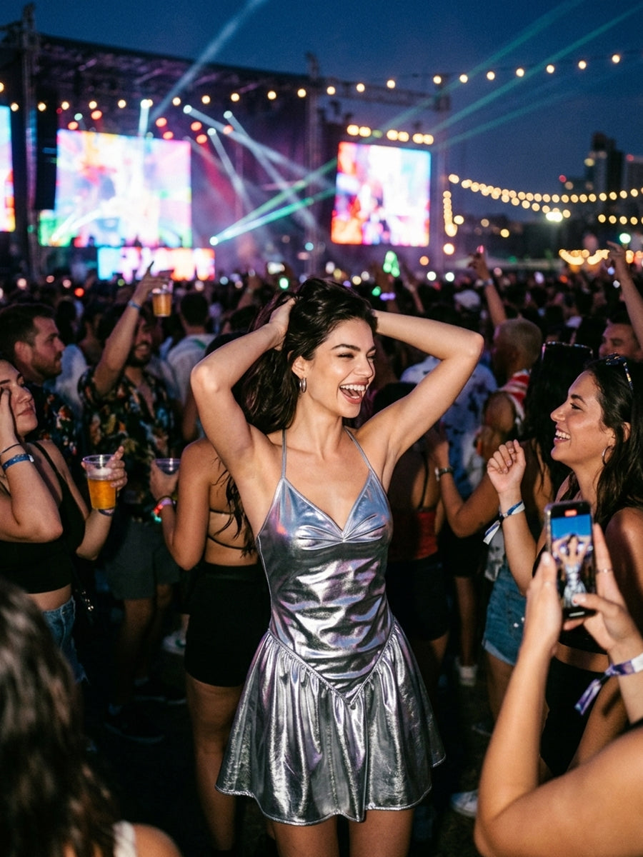 Silver Metallic Halter Mini Dress - Costume Inspire