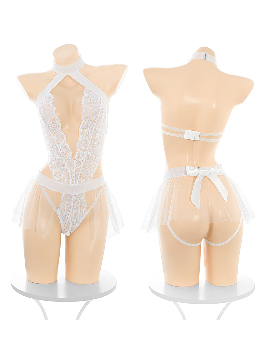 Product display of the 4pc White Bride Lace Bodysuit Set showing front and back views of the lace romper and tulle skirt.