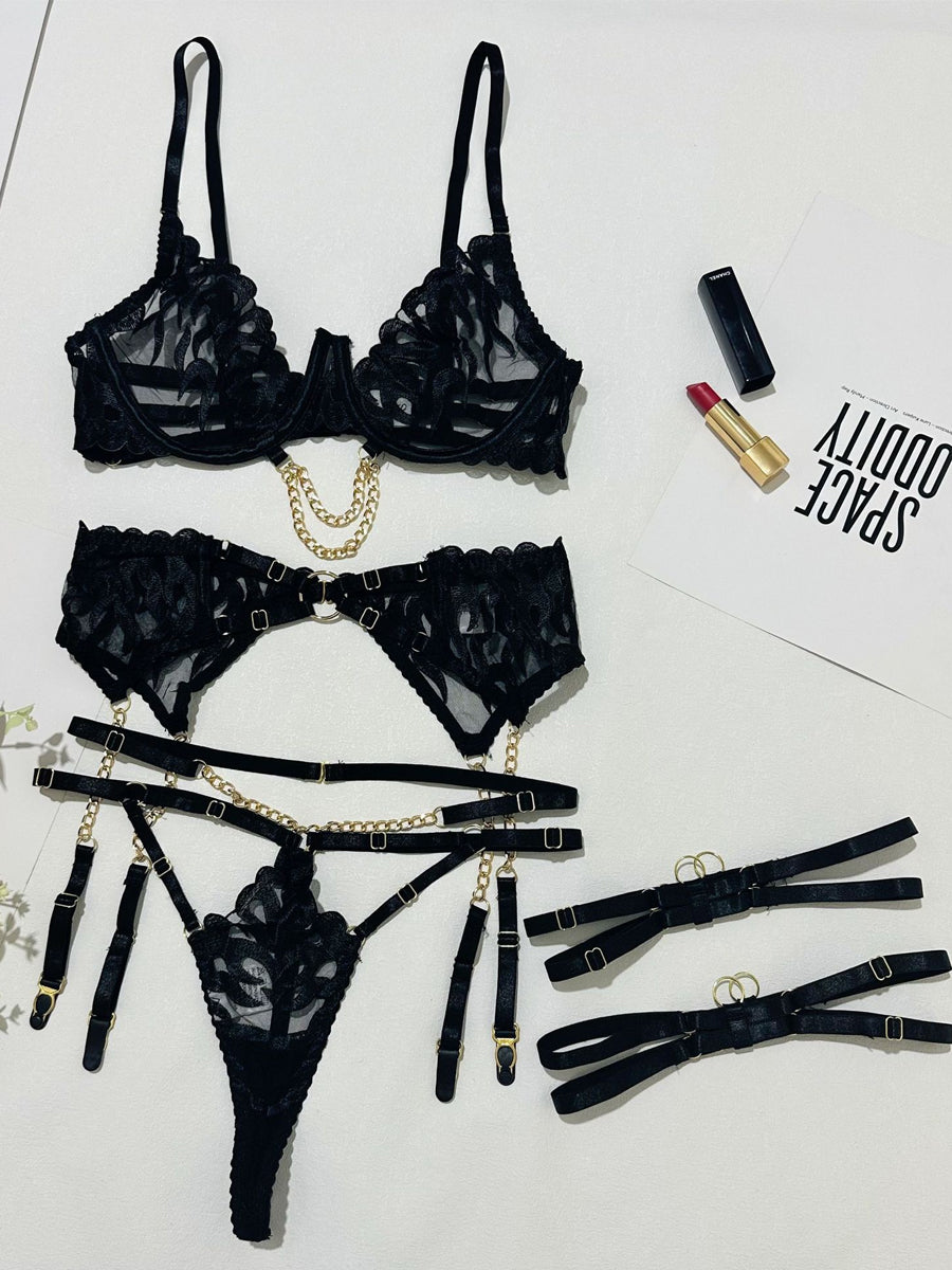 Women's 4-Piece Flame Embroidery Lingerie Set